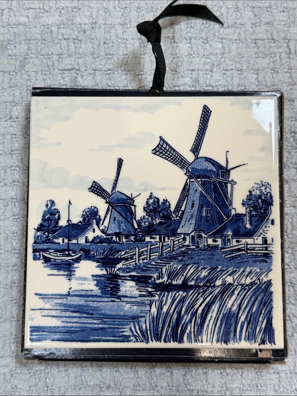 Vtg Delft Blauw Windmill Handpainted Hanging/Decorative Tile Holland 6inches